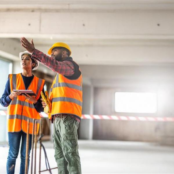 Construction worker on construction site wearing hard hat 