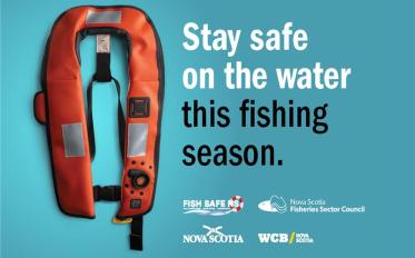 A floating device on water with the message "Stay Safe on the Water This Fishing Season."